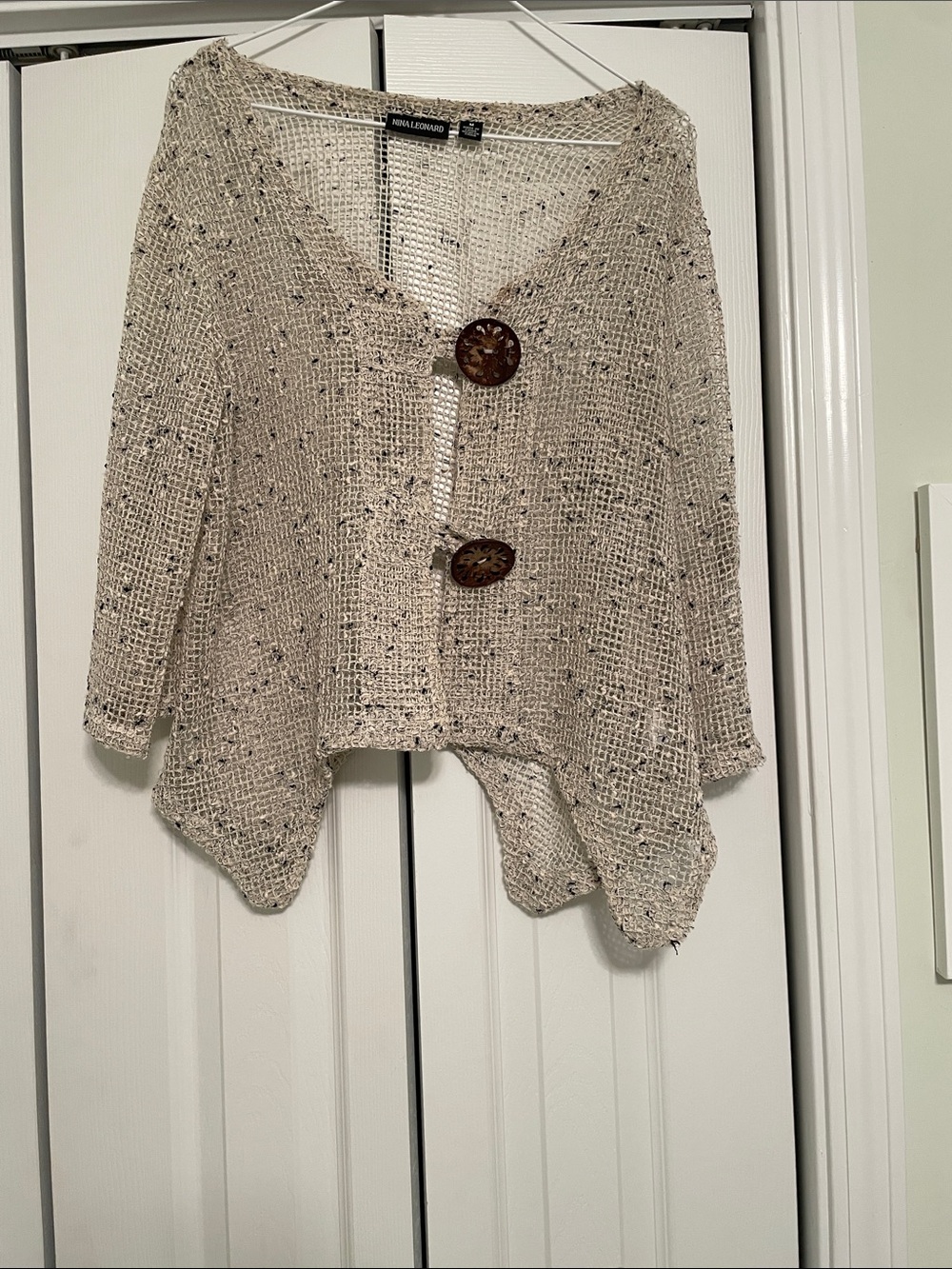 Nina Leonard Cream Open-Weave Cardigan with Decorative Buttons
